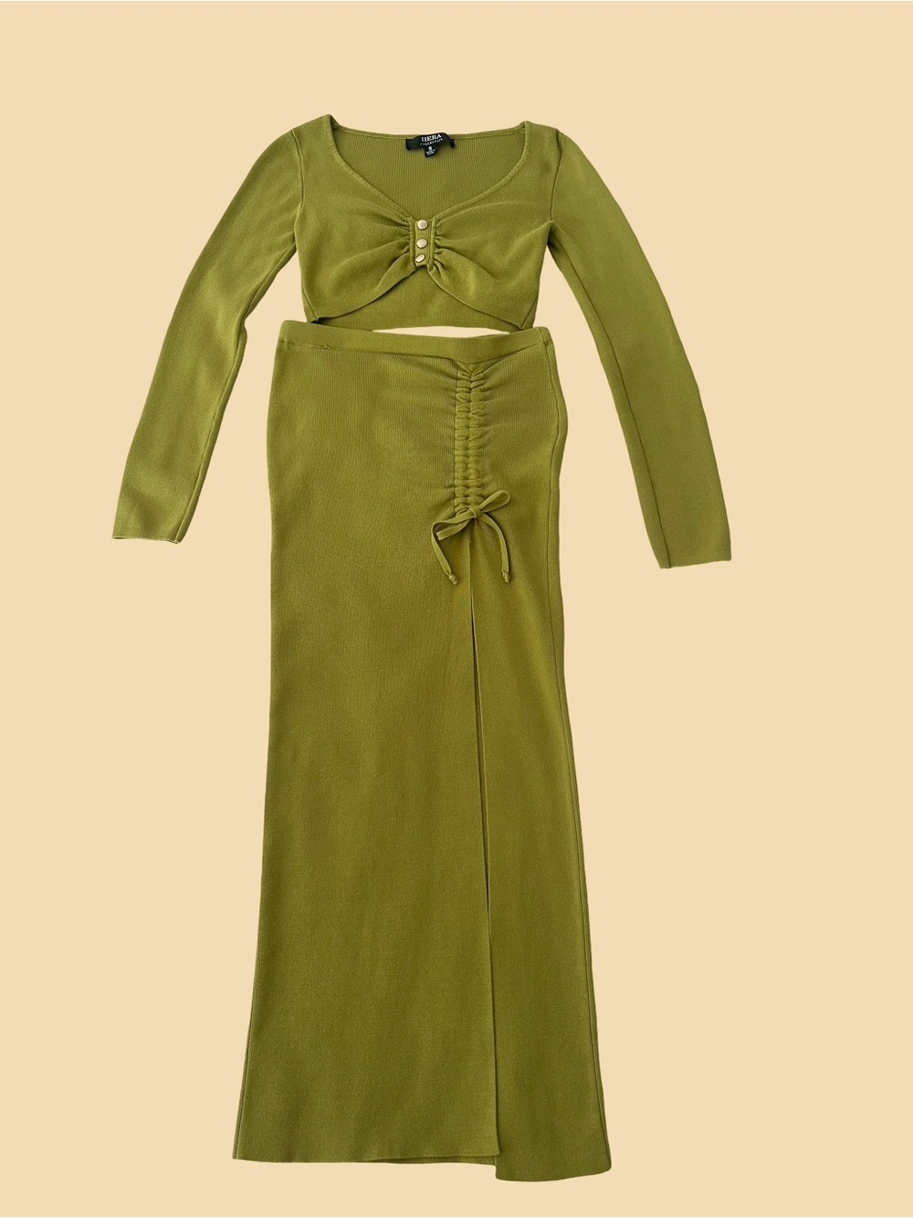 Olive Green Two-Piece Ribbed Knit Set